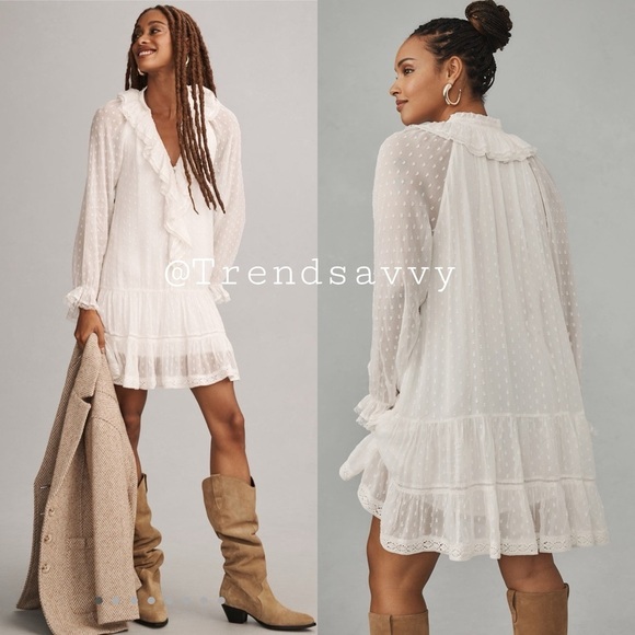 Anthropologie Dresses & Skirts - ANTHROPOLOGIE Long Sleeve V-Neck Ruffled Tunic Dress White Size XS NWT